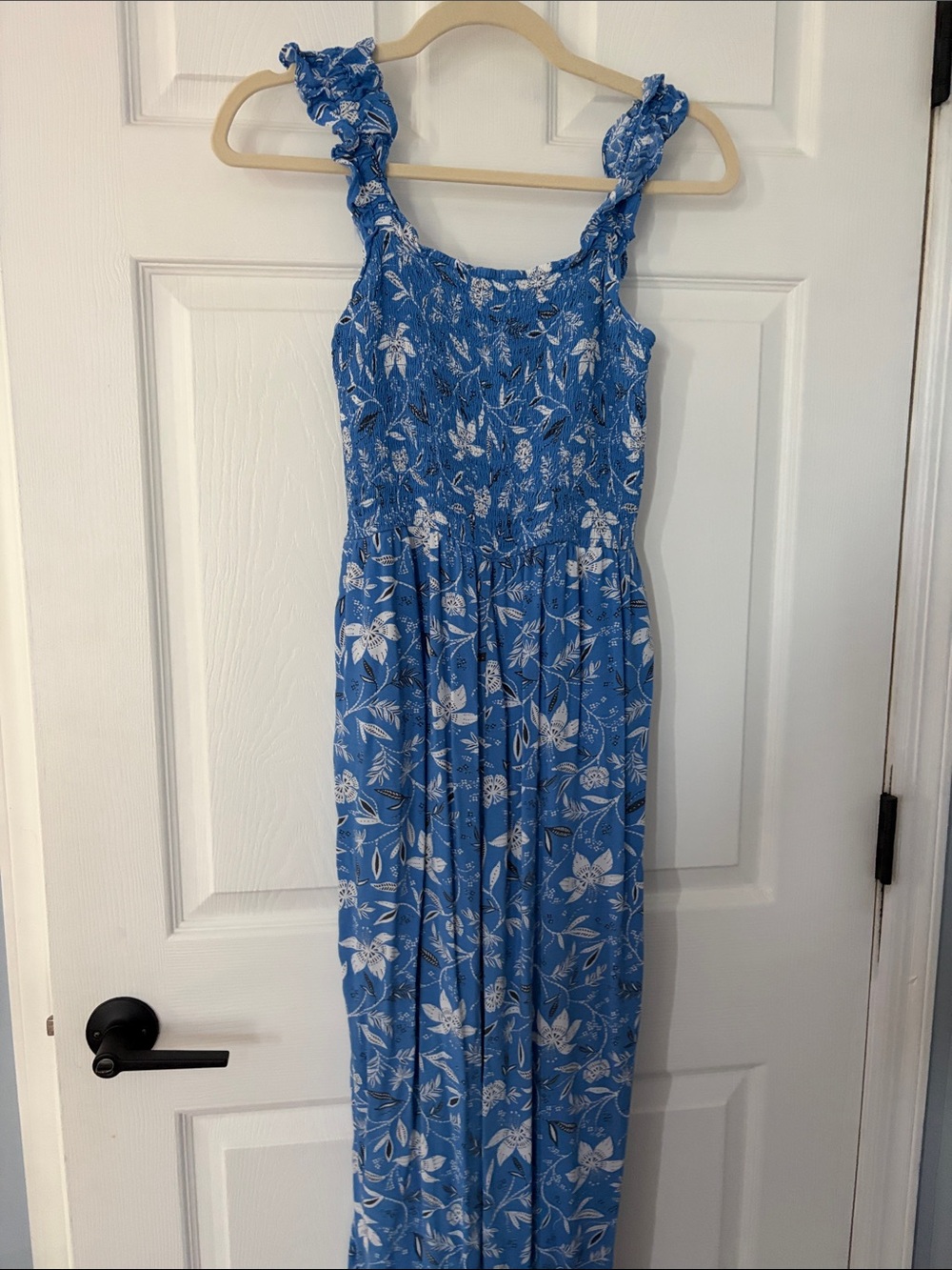 LOFT Blue Floral Maxi Jumpsuit with Ruffled Straps